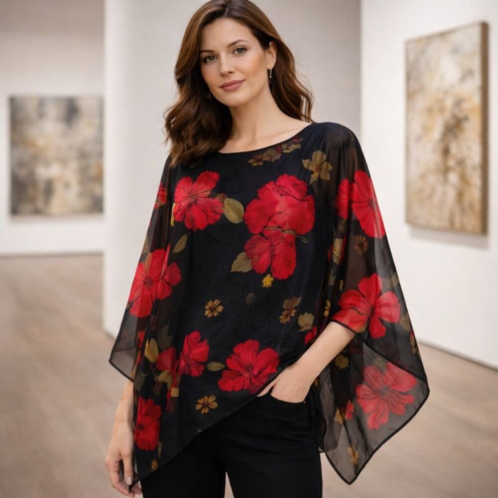 🌺 Sheer Floral Chiffon Poncho Top – Dramatic Red & Black Statement